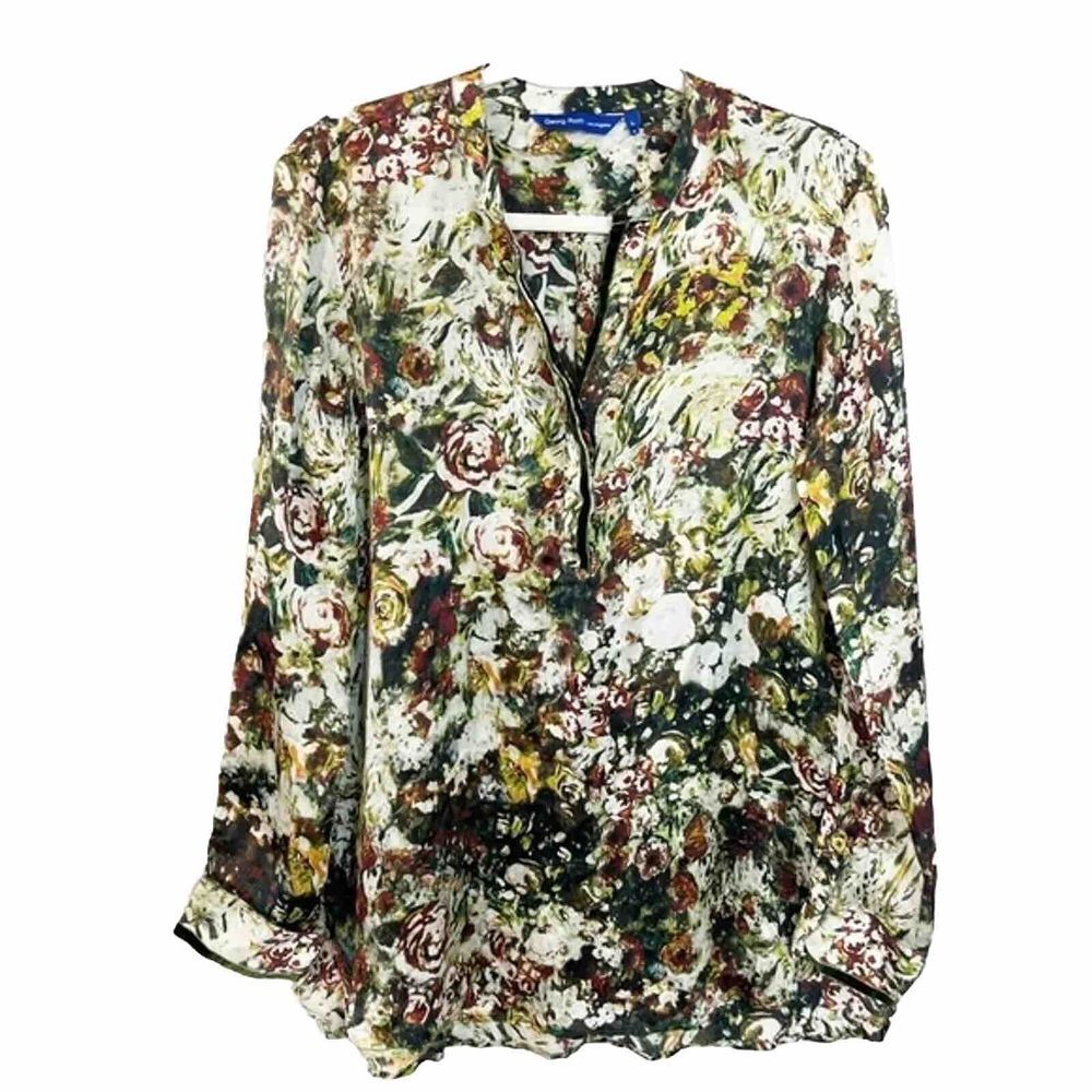Georg Roth Silk Floral Button Down Blouse Green Moss Shirt Large